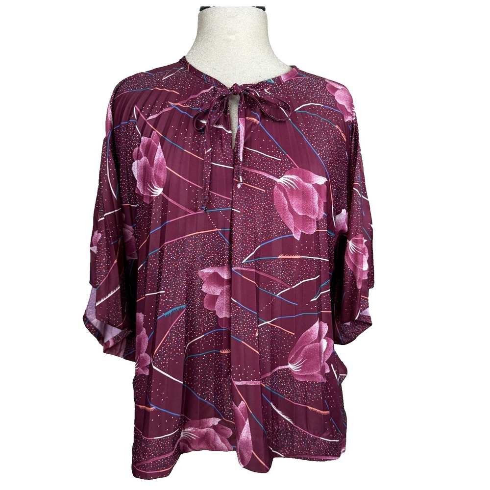 Vtg Penny Lou California Blouse Womens Sz L Kimono Sleeve Floral Top 80s Pleated